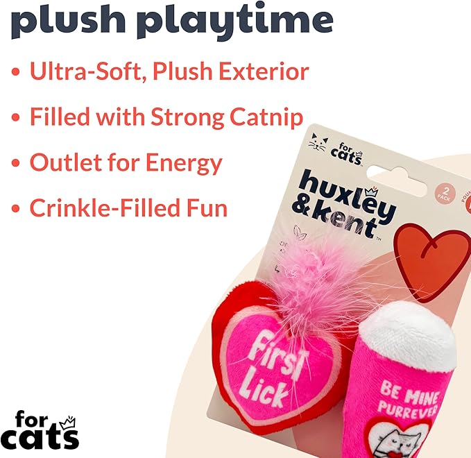Huxley & Kent Plush Cat Toy - Interactive Catnip Toy for Cats & Kittens - Soft with Crinkle & Catnip - Fun Indoor Play - First Lick Heart & Be Mine Coffee, 2pk
