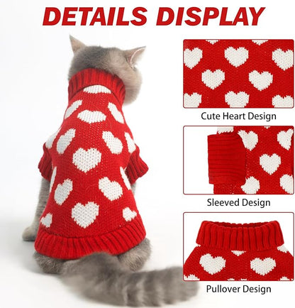 KOOLTAIL Cat Turtleneck Sweater - Soft Knit Cat Christmas Sweater, Heart Love Pattern, Thick Warm Cold Weather Clothes for Small to Large Kittens & Puppies, Red