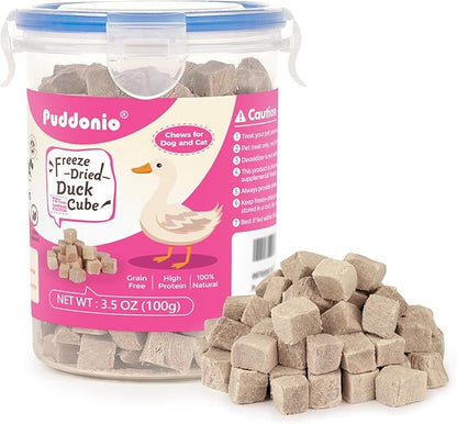 Puddonio Freeze Dried Cats & Dogs Raw Treats, All Natural Single Ingredient Duck Breast, High Protein Healthy Pet Training Treats or Food Topper, 3.5 oz