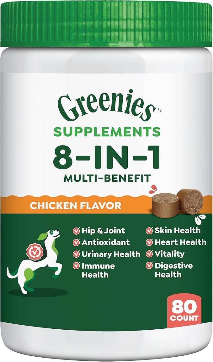 Greenies Dog Supplements 8-in-1 Multi-Benefit Chicken Flavor, 15.5 oz. Container, 80 Count