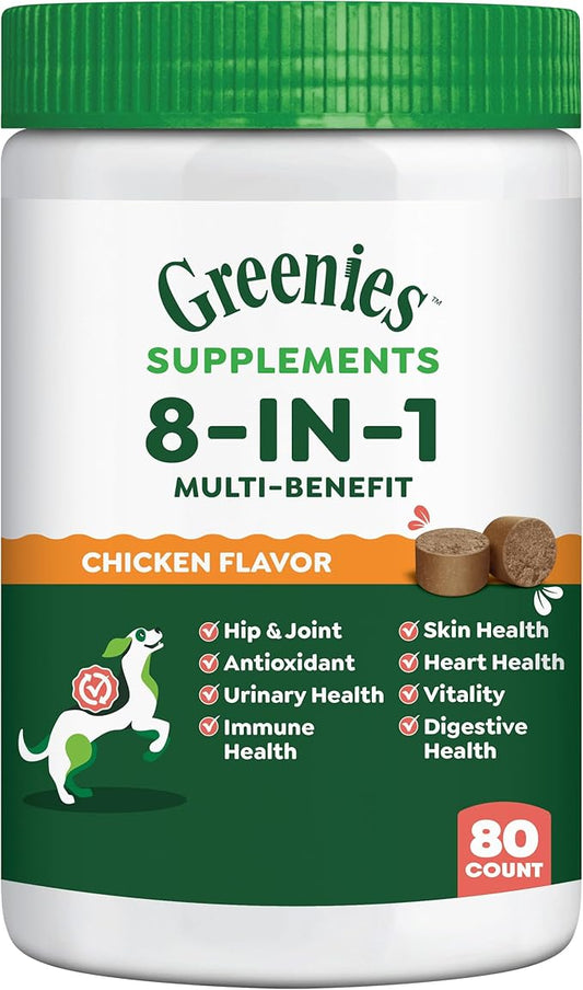 Greenies Dog Supplements 8-in-1 Multi-Benefit Chicken Flavor, 15.5 oz. Container, 80 Count