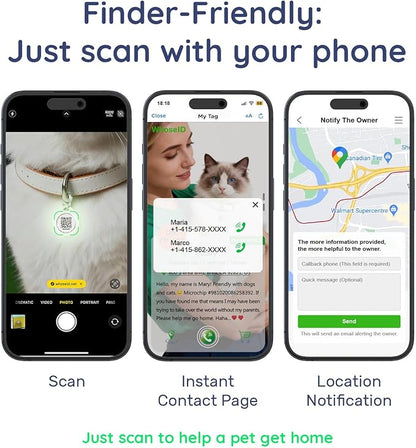 QR Code Dog Tag and Cat Tag, Scan to Reunite Faster, Waterproof and Durable, Lightweight and Quiet, Updatable Contact Info, Glow-in-The-Dark Green