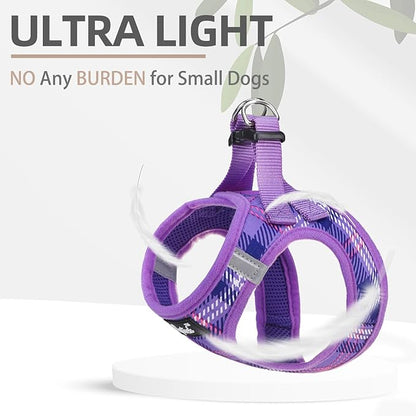 PUPTECK Dog Harness and Leash Set for Small Medium Dogs No Pull Step-in Soft Mesh Puppy Cat Vest Harnesses Reflective at Night, Plaid Pattern Purple L