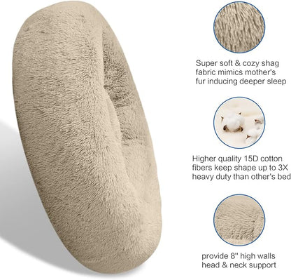 SAVFOX Plush Calming Donut Dog Beds for Small Dogs, Medium, Large & X-Large Breeds, Comfy Cuddler Dog Bed and Cat Bed in Faux Fur, Washable, Multiple Sizes S-XXL