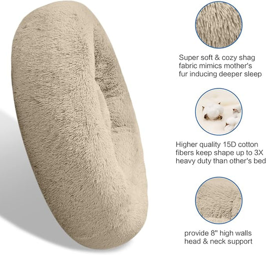SAVFOX Plush Calming Donut Dog Beds for Small Dogs, Medium, Large & X-Large Breeds, Comfy Cuddler Dog Bed and Cat Bed in Faux Fur, Washable, Multiple Sizes S-XXL
