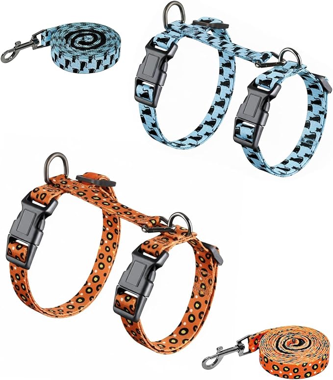Halypet 2-Pack Cat Harness and Leash Set, Escape Proof 3-in-1 Adjustable Harness for Cats, Soft Lightweight, Easy On & Control for Walking, Travel & Outdoor Use, Small (Orange & Blue)