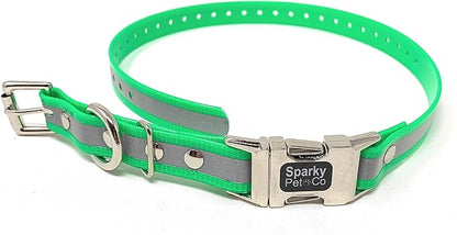 Sparky Pet Co - Apollo ECollar Replacement Strap - Dog Collar - Waterproof Biothane - Adjustable - Double Buckle - Quick Snap Metal Clasp - for Invisible Fence Systems - 1" x 30" (Reflective Green)