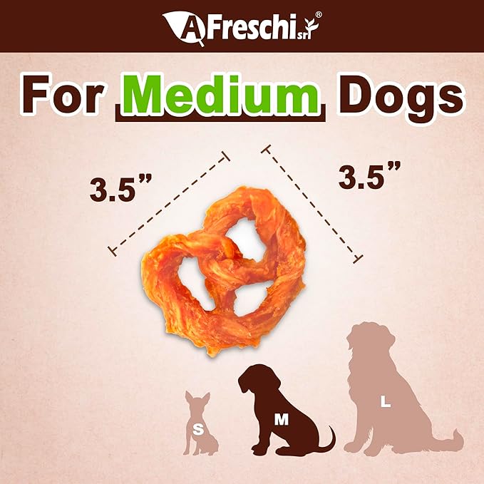 A Freschi srl Turkey Tendons for Dogs, USA-Sourced, Healthy Dog Treats, Rawhide-Free Puppy Chews, Long Lasting, All Natural, Hypoallergenic Dog Treats for Medium Breeds, 20 Count Box Pretzel (M)