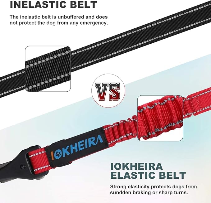 IOKHEIRA Dog Seat Belt 3-in-1 Car Harness for Pets Adjustable Safety Seatbelt Nylon Reflective Bungee Fabric Dog Car Harness with Clip Hook Latch & Buckle, Swivel Zinc Alloy Carabiner Red