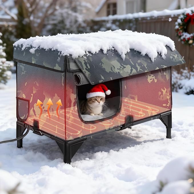 Large Heated Cat House for Outside 21x17x17 in, 100% Waterproof Elevated Base, Insulated Outdoor Cat Shelter with Heater for Feral Barn Cat, Safe Two-Way Escape Door