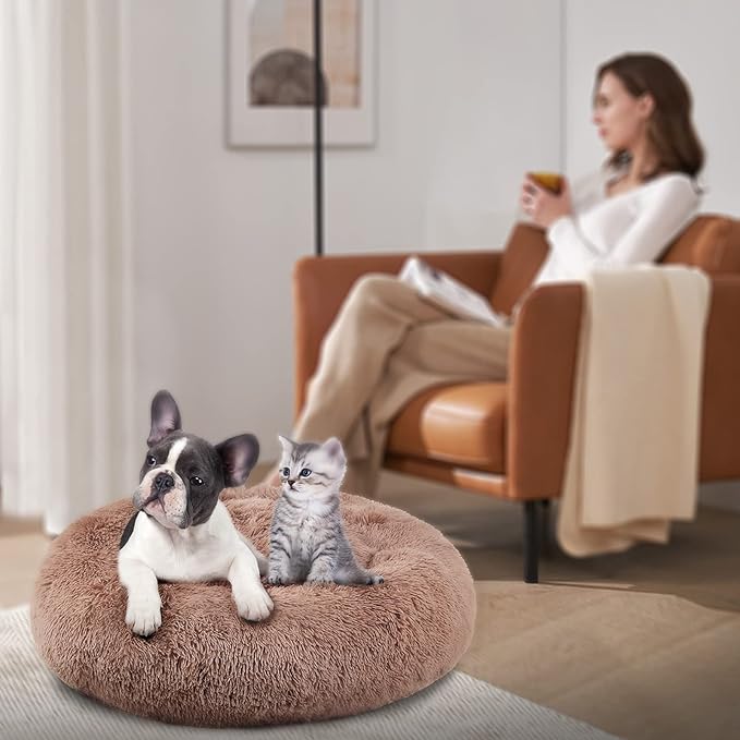 Calming Dog Bed for Medium Dogs Washable Donut 30 inches Anti-Slip Pet Bed,Round Fluffy Plush Faux Fur Cat Bed,Fits up to 45 lbs Pets,Camel