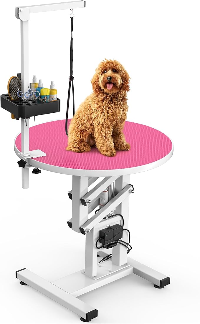 YITAHOME 24" Electric Lift Dog Grooming Table, Rotating Desktop Grooming Table for Dogs at Home, Adjustable Overhead Arm & Tools Organizer Pet Grooming Station for Small Dogs Cats, Pink