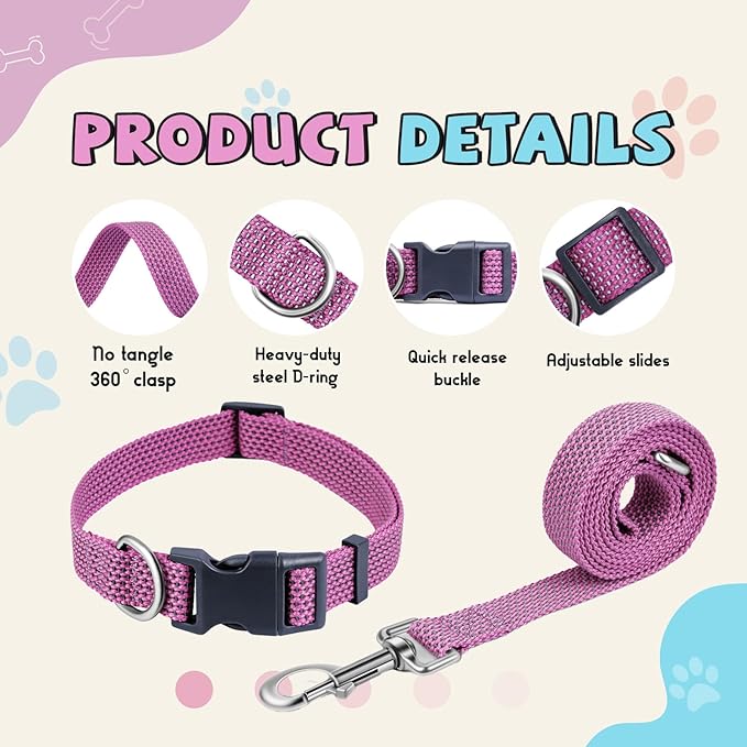 Reflective Dog Collar and Leash Set, Nylon Dog Leash with Heavy-Duty Steel D-Ring, Adjustable with Quick Release Buckle for Medium Dogs, Purple M