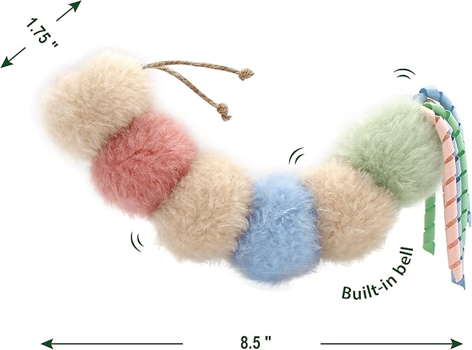 Jumpaws Interactive Natural Catnip Kicker, with Rattle and Ribbon, Bite Resistant, for All Ages Indoor Cat, Soft Caterpillar Kicker, Fluffy Kitten Toy