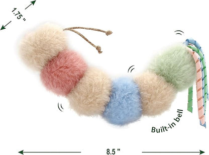 Jumpaws Interactive Natural Catnip Kicker, with Rattle and Ribbon, Bite Resistant, for All Ages Indoor Cat, Soft Caterpillar Kicker, Fluffy Kitten Toy