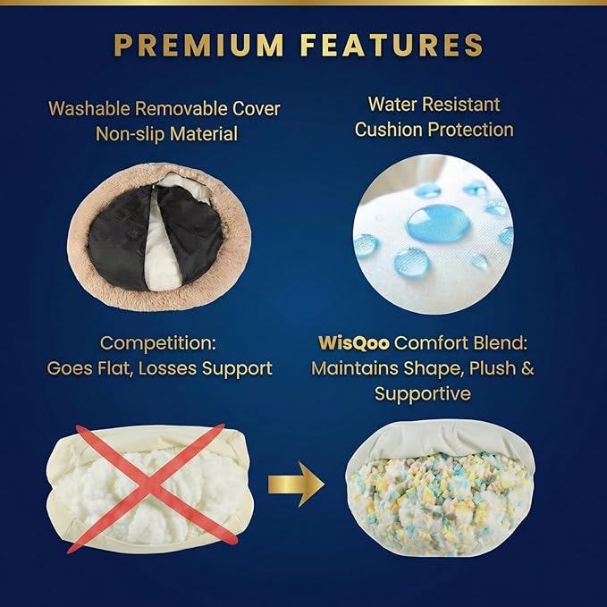 WisQoo Calming Donut Pet Bed – Plush & Supportive Round Bed with Extra Filling for Comfort – Removable Cover & Water-Resistant Liner – Cozy, Fluffy Nest for Dogs & Cats (Beige, 30" L x 30" W x 9”Th)