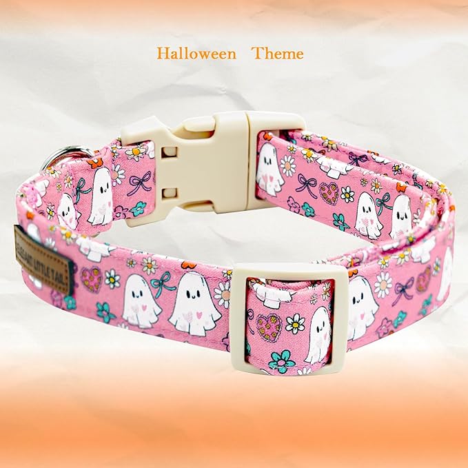 Elegant little tail Halloween Dog Collar, Ghost Print Pink Halloween Pet Collars Cotton Soft Sturdy Puppy Collars Holiday Female Adjustable Collar for X-Small Puppy