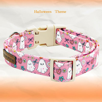 Elegant little tail Halloween Dog Collar, Ghost Print Pink Halloween Pet Collars Cotton Soft Sturdy Puppy Collars Holiday Female Adjustable Collar for X-Small Puppy