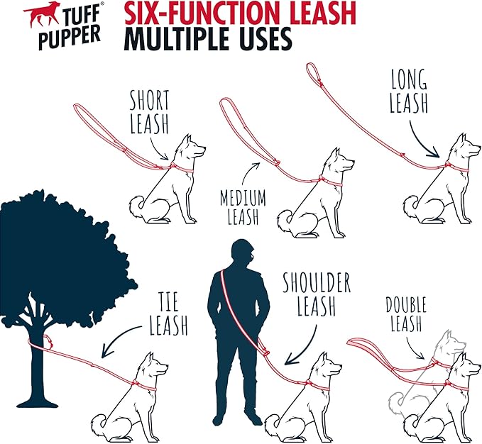 Tuff Pupper Heavy Duty Multi Function Crossbody Leash | 6 Uses in One Cross body Leash | 8 Feet Hands Free Leashes | Two Dog Leashes | Ballistic Nylon & Thick Neoprene Padding, Small Medium Large Dogs
