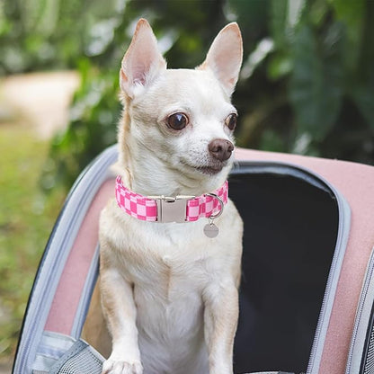 UP URARA PUP Dog Collar for Summer,Cute Pink Plaid Dog Collar,Cotton Puppy Collar with Adjustable Metal Buckle for Small,Medium,Large Girl Boy Dog