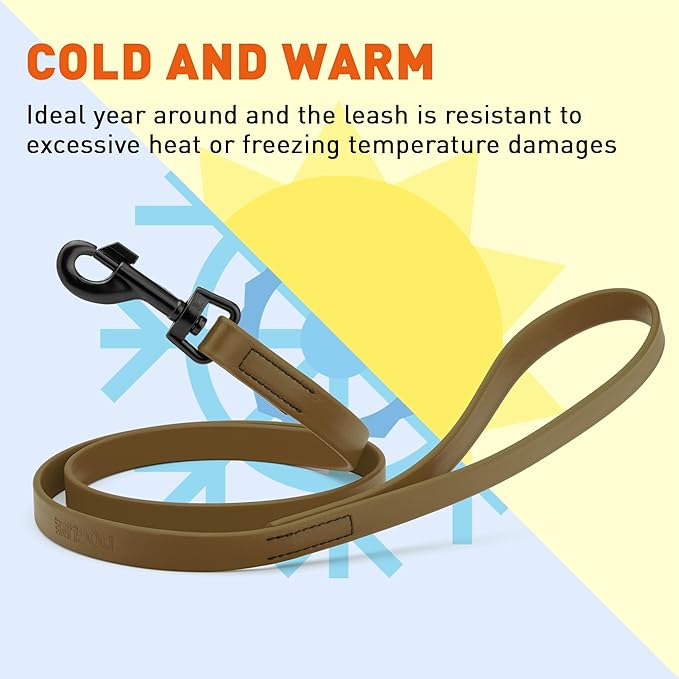 Dogline Biothane Waterproof Dog Leash Strong Coated Nylon Webbing with Black Hardware Odor-Proof Easy to Clean High Performance for Small or Large Dogs Made in USA 4 or 6 ft Lead, Coyote Brown