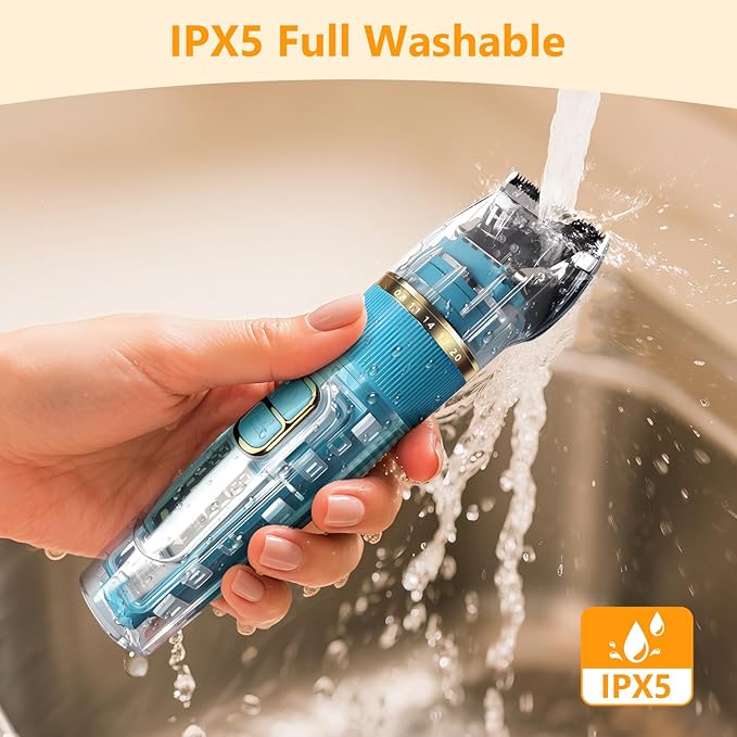 Dog Clippers for Grooming Thick & Matted Hair - Titanium Blade, 50dB Ultra-Quiet, IPX5 Waterproof & Cordless | Patented Click-Lock for Easy Cleaning | Rechargeable Pet Groomer for Dogs, Cats