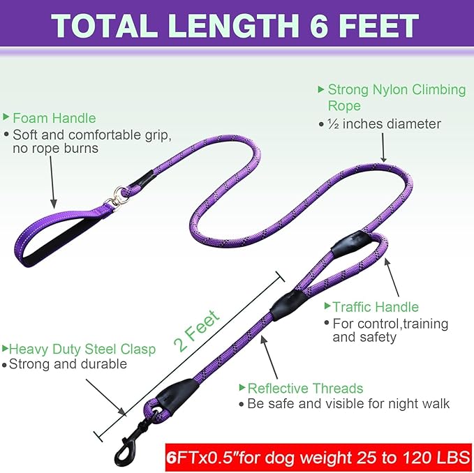 Dog Leash, 6 Foot Dog Leash, 2 Extra Padded Handles, Lockable Metal Carabiner Clip, Reflective No Pull Heavy Duty Rope Lead, Walking, Training, Running, Medium to Large Breeds（Purple）