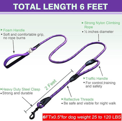Dog Leash, 6 Foot Dog Leash, 2 Extra Padded Handles, Lockable Metal Carabiner Clip, Reflective No Pull Heavy Duty Rope Lead, Walking, Training, Running, Medium to Large Breeds（Purple）