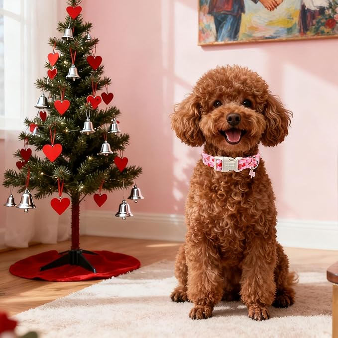 DOGWONG Valentine's Dog Collar - Pink Heart Adjustable Cotton Heart Dog Collar - Cute Dog Collars Perfect for Medium, Large Dogs