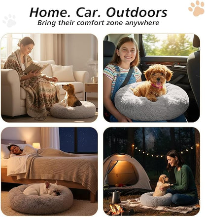 JOLLYVOGUE Small Dog & Cat Beds for Indoor Cats - 20 inches Calming Donut Dog Bed for Kittens & Puppies, Washable Round Fluffy Plush Faux Fur Pet Beds (Smoke Grey)