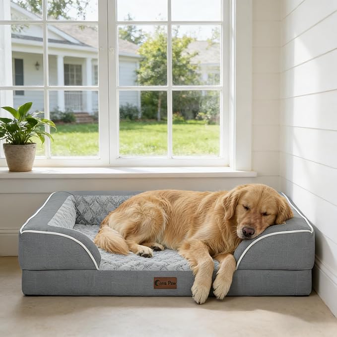 Casa Paw Orthopedic XL Dog Beds, Waterproof Memory Foam Big Bolster Pet Bed for Extra Large Sized Dogs 45x35Inch, Non-Slip Bottom and Egg-Crate Foam Dog Couch Bed with Washable Removable Cover, Grey