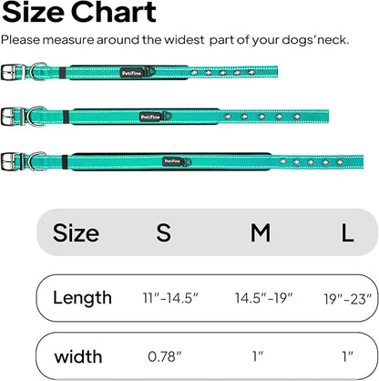PetiFine Dog Collars for Medium Dogs, Neoprene Padded and Adjustable, Reflective Wide Heavy Duty Pet Collars with Durable Metal Belt Buckle for Walking, Teal, M