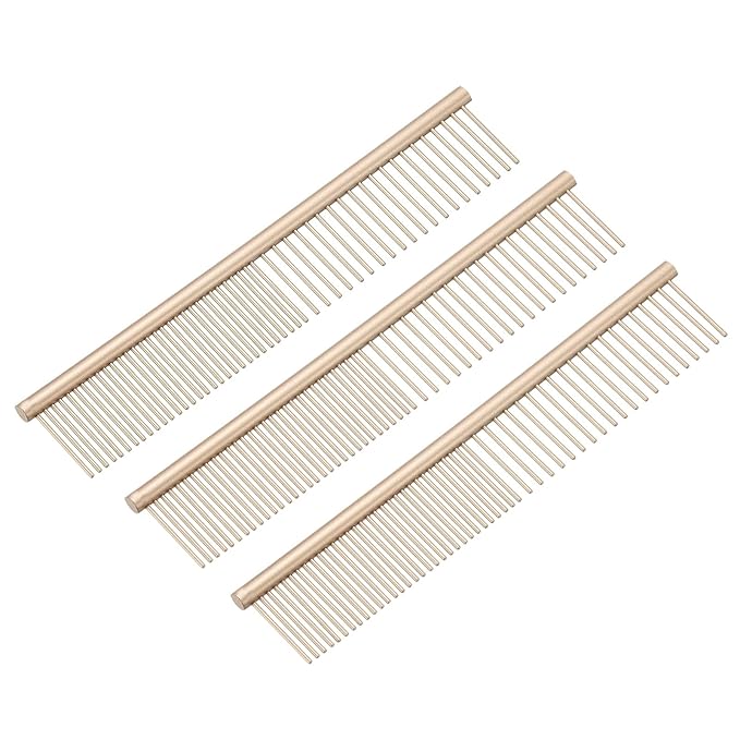 PETAXCELL Dog Cat Comb, Pet Combs Stainless Steel Teeth with Rounded Ends for Knots Mats Loose Hair Removal, 6.5IN (Gold Coated, 3 Pack), Grooming Tool Intended for Long Curly Hair Pet