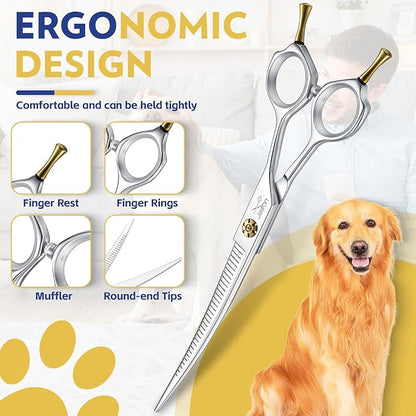 JASON 7" Dog Grooming Scissors - Up-curved Thinning Shears with 25%-30% Thinning Rate, Japanese 440C Stainless Steel Dog Blenders for Grooming with Adjustable Screw (32 Teeth, Silver) Christmas Gift