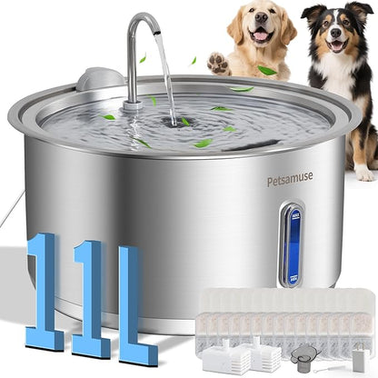 Petsamuse Dog Water Fountain, 11L/2.8Gal Quiet Dog Fountain Water Bowl with Visible Window Stainless Steel Dog Water Fountain with 2 Spray Modes and 15 Fliters for Large Medium Small Dogs Pets