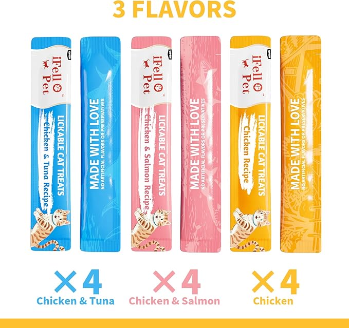 IFELLO PET Cat Treats Lickable, Variety Pack - Lickable Cat Treats Squeeze Up, with Tuna, Salmon, Chicken Flavor, Grain-Free for Skin & Coat Support, 0.53 oz(Pack of 12)