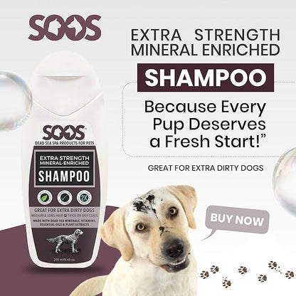 Soos Pets Shampoo Extra Strength for Cat and Dog Shampoo Natural Dead Sea Mineral Enriched Fast Absorbing with Vitamins Essential Oils Natural Ingredients Antib-acterial - 1x 250ml