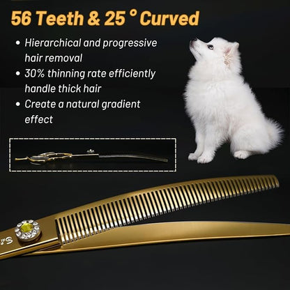 7.5inch Curved Thinner Professional Dog Grooming Scissors, 56 Teeth High-end Dog Shears Blender, VG10 Steel Sharp, 25 Degree Bend Cutting Scissors for Pet Groomers or Family Use, Thinning Rate 30%