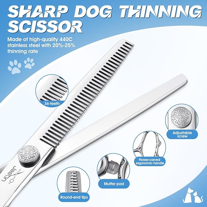 JASON Dog Grooming Scissors Kit, Professional 6 in 1 Dog Scissors Set - 6.5" Thinning, 7" Straight, 7" Up-Curved, 7" Down-curved Shears and Comb for Dog Cat Pet (Silver) Christmas Gift