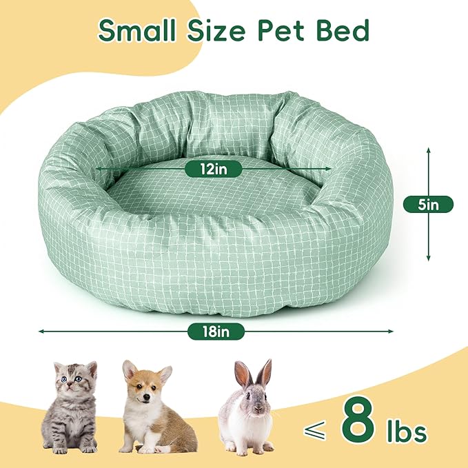 Colewin Small Cat Bed for Indoor Cats Dogs, Washable Round Donut Pet Bed for Puppies Kittens, Cute Rabbit Bunny Beds with Reversible Winter & Summer Cushion for Pets Up to 8lbs (Green)