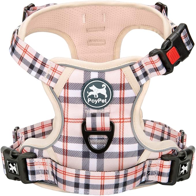 PoyPet No Pull Dog Harness, [Release on Neck] Reflective Adjustable No Choke Pet Vest with Front & Back 2 Leash Attachments(Checkered Beige,XS)