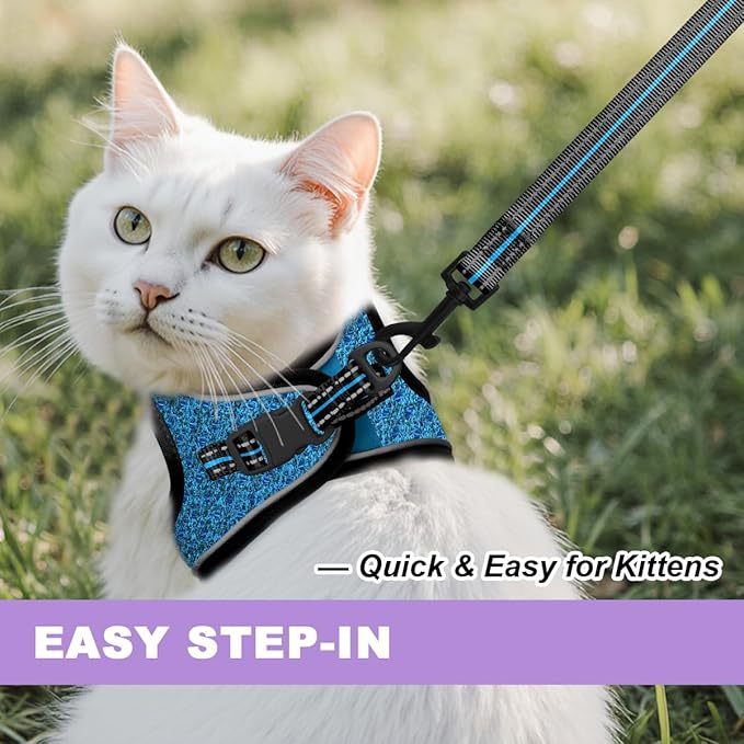 Cat Harness and Leash Set,Escape Proof Kitten Harness,Step in Adjustable Soft Lightweight,Easy Control,Reflective Strips Comfortable for Walking Travel(Blue/Black,XXS)
