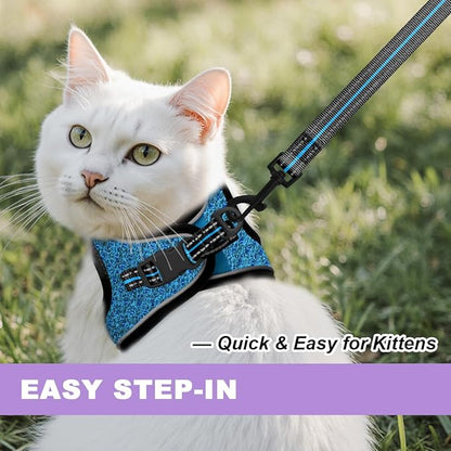 Cat Harness and Leash Set,Escape Proof Kitten Harness,Step in Adjustable Soft Lightweight,Easy Control,Reflective Strips Comfortable for Walking Travel(Blue/Black,XXXS)