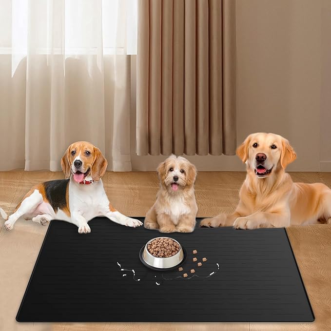 40"x30" Extra Large Silicone Pet Food Mat, XXL Pet Feeding Mat with Raised Edges, Waterproof Dog Bowl Mat for Food and Water, Cat and Dog Placemat for Floors, Black