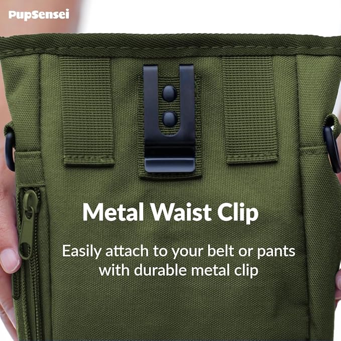 PupSensei Dog Treat Pouch for Training – Magnetic Dog Treat Bag with Belt Clip & Poop Bag Dispenser – Hands Free Carry Pouch with Auto-Close Access & Shoulder Strap – Durable Pet Gear – Army Green