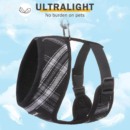 SCENEREAL No Pull Dog Harness Collar and Leash Set Small Medium Sized Dog, Soft Mesh Step in Puppy Harnesses, No Chock Plaid Adjustable Pet Vest for Outdoor Walking Training and Running, Black XS