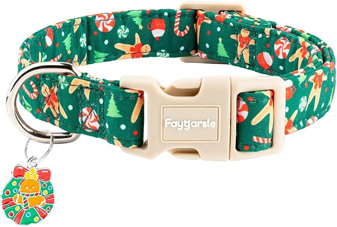 Faygarsle Christmas Dog Collar, Green Gingerbread Pattern, Plastic Buckle with Metal D-Ring, Holiday Pet Accessory, for Small Medium Large Dogs M