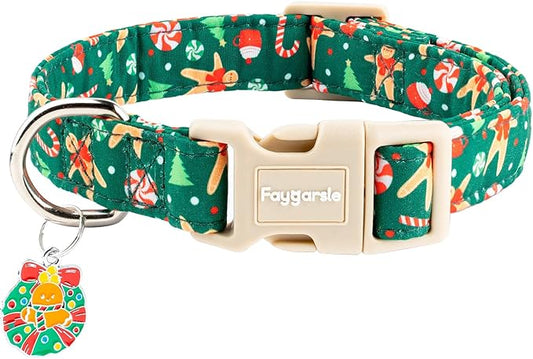 Faygarsle Christmas Dog Collar, Green Gingerbread Pattern, Plastic Buckle with Metal D-Ring, Holiday Pet Accessory, for Small Medium Large Dogs XS