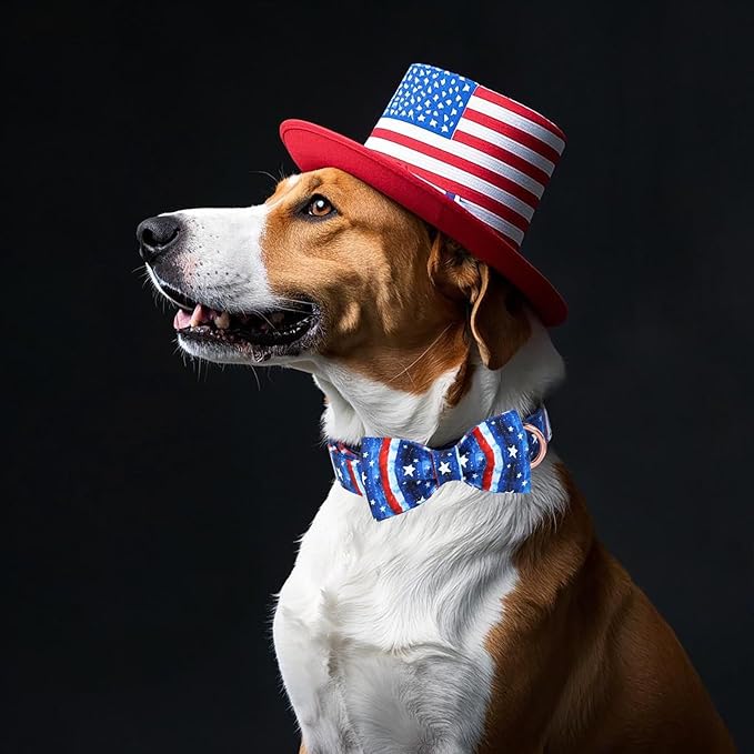 4th of July Dog Collar with Bow Tie - Flag Day Stars & Stripes Patriotic Bowtie Collar Independence Day Safety Dog Collars for Small Medium Large Dogs XS