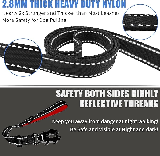 Strong Heavy Duty Dog Leash - Adjustable 15"-18" Reflective Nylon Training Leash with Padded Handle & Frog Clip, Traffic Control for Large Medium Dogs No Pull Walking Black Red